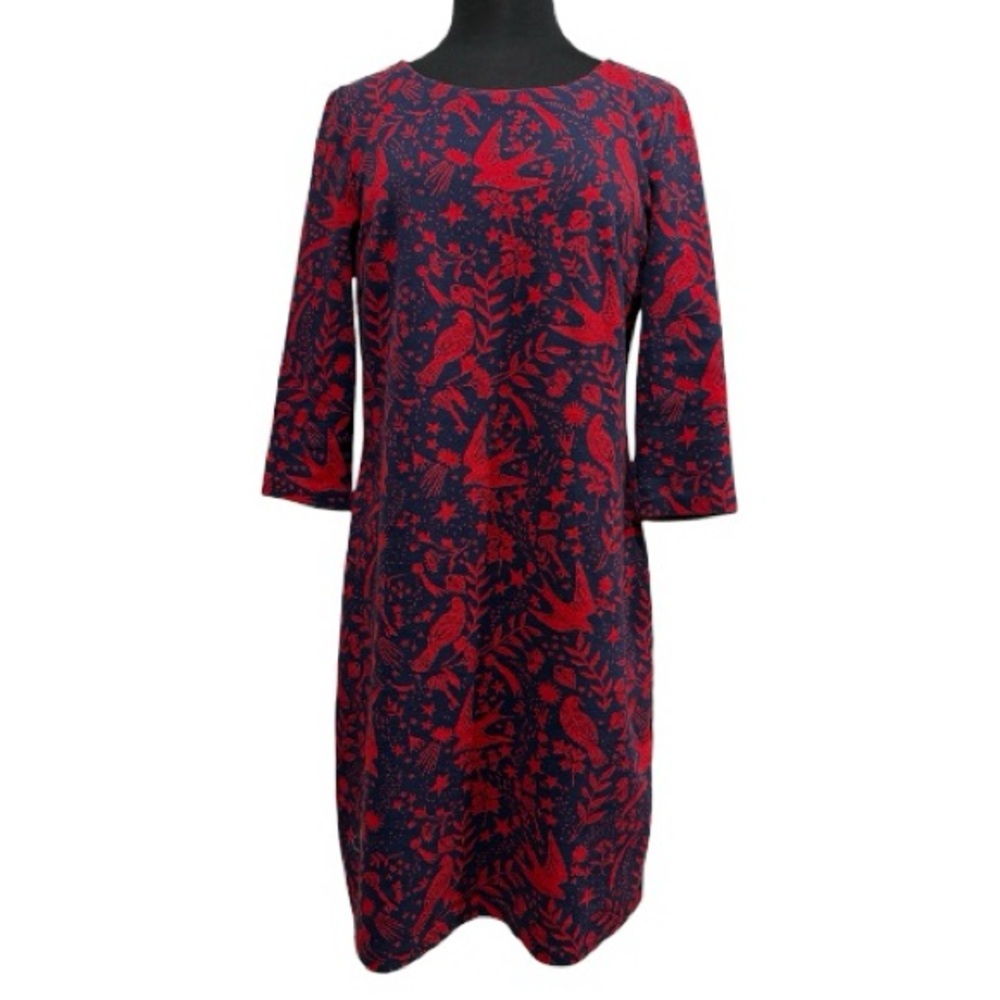 Boden Mystic Woodland Print Navy Blue and Red Knit Dress Size 16